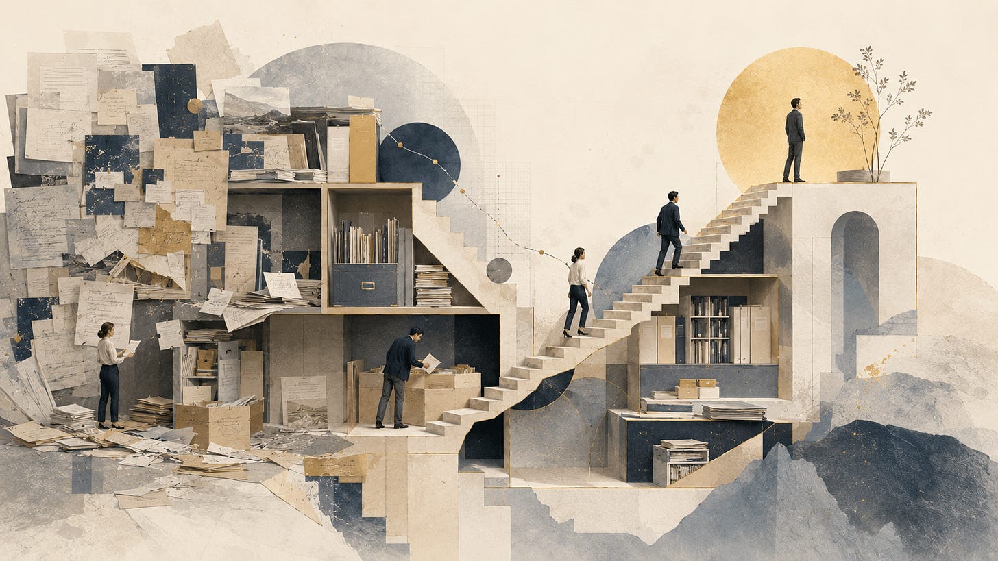 Layered paper architecture with stairs and figures representing structured movement through ideas