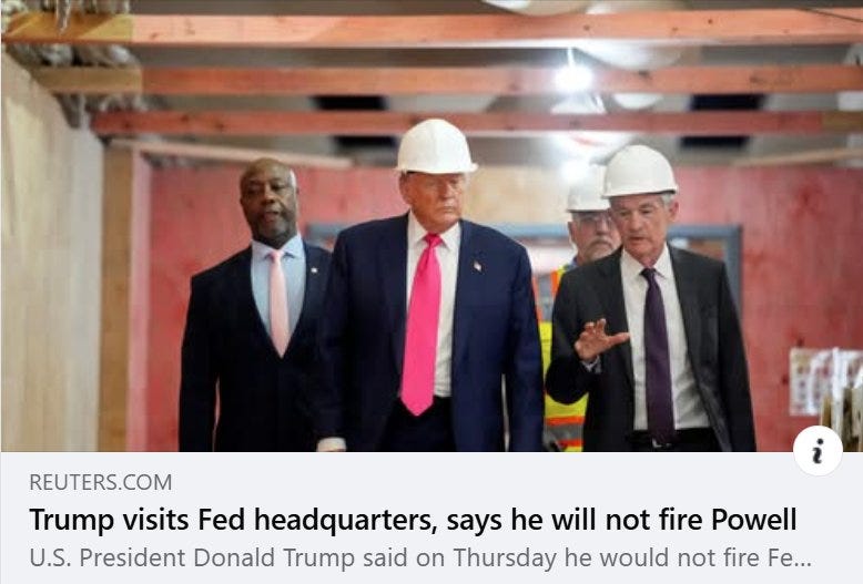 May be an image of 3 people, the Oval Office and text that says "REUTERS.COM Trump visits Fed headquarters, says he will not not fire fire Powell U.S. President Donald Trump said on Thursday he would not fire Fe..."