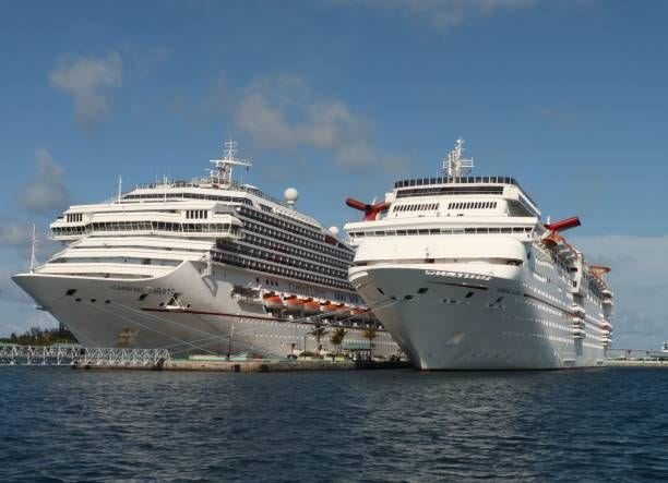 Carnival Cruise ships Liberty and Elation are seen in Nassau, Bahamas on April 29, 2019.