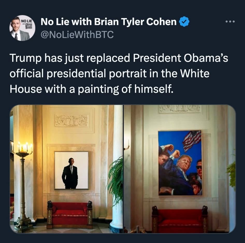 Side-by-side comparison of a room in the White House. The first image shows Barack Obama’s official portrait. The second image shows the same space, now displaying a painting of Donald Trump in a defiant pose with fists raised around him, replacing Obama’s portrait.