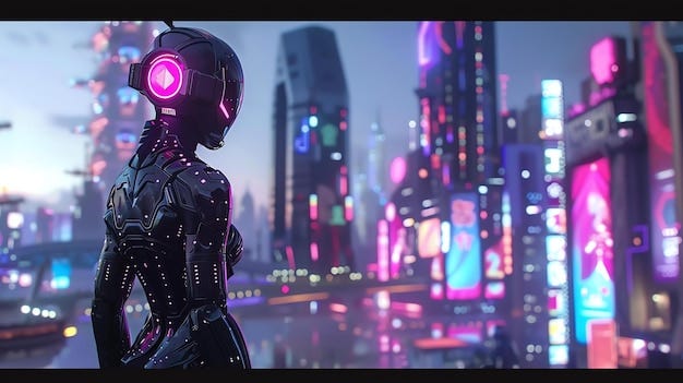 A robotic figure stands in a futuristic city with tall buildings and  billboards in the background | Premium AI-generated image