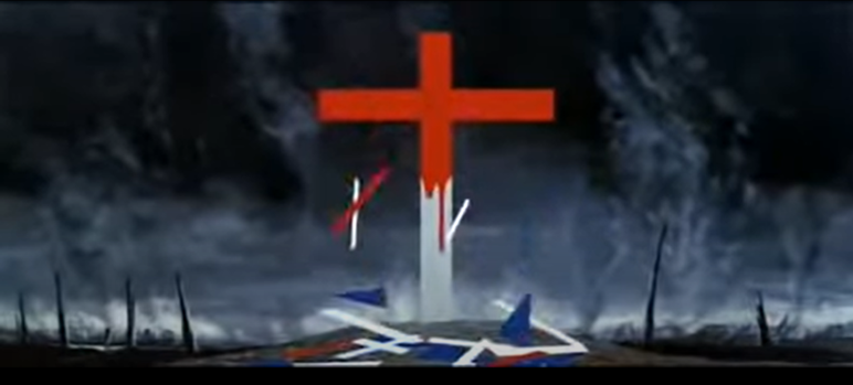 White cross dripping blood against the background of a dark battlefield as pieces of the English flag fall from the cross.