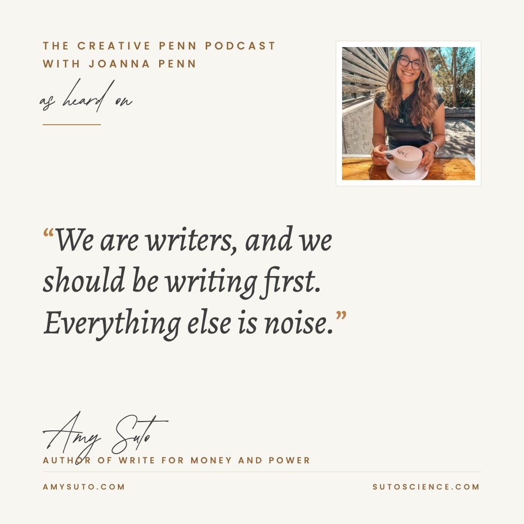 A cream quote card from The Creative Penn Podcast with Joanna Penn. A photo of Amy Suto smiling over a latte on a sunny patio sits top right. The quote reads: We are writers, and we should be writing first. Everything else is noise. Signed Amy Suto, author of Write for Money and Power A cream quote card from The Creative Penn Podcast with Joanna Penn. A photo of Amy Suto smiling over a latte on a sunny patio sits top right. The quote reads: We are writers, and we should be writing first. Everything else is noise. Signed Amy Suto, author of Write for Money and Power