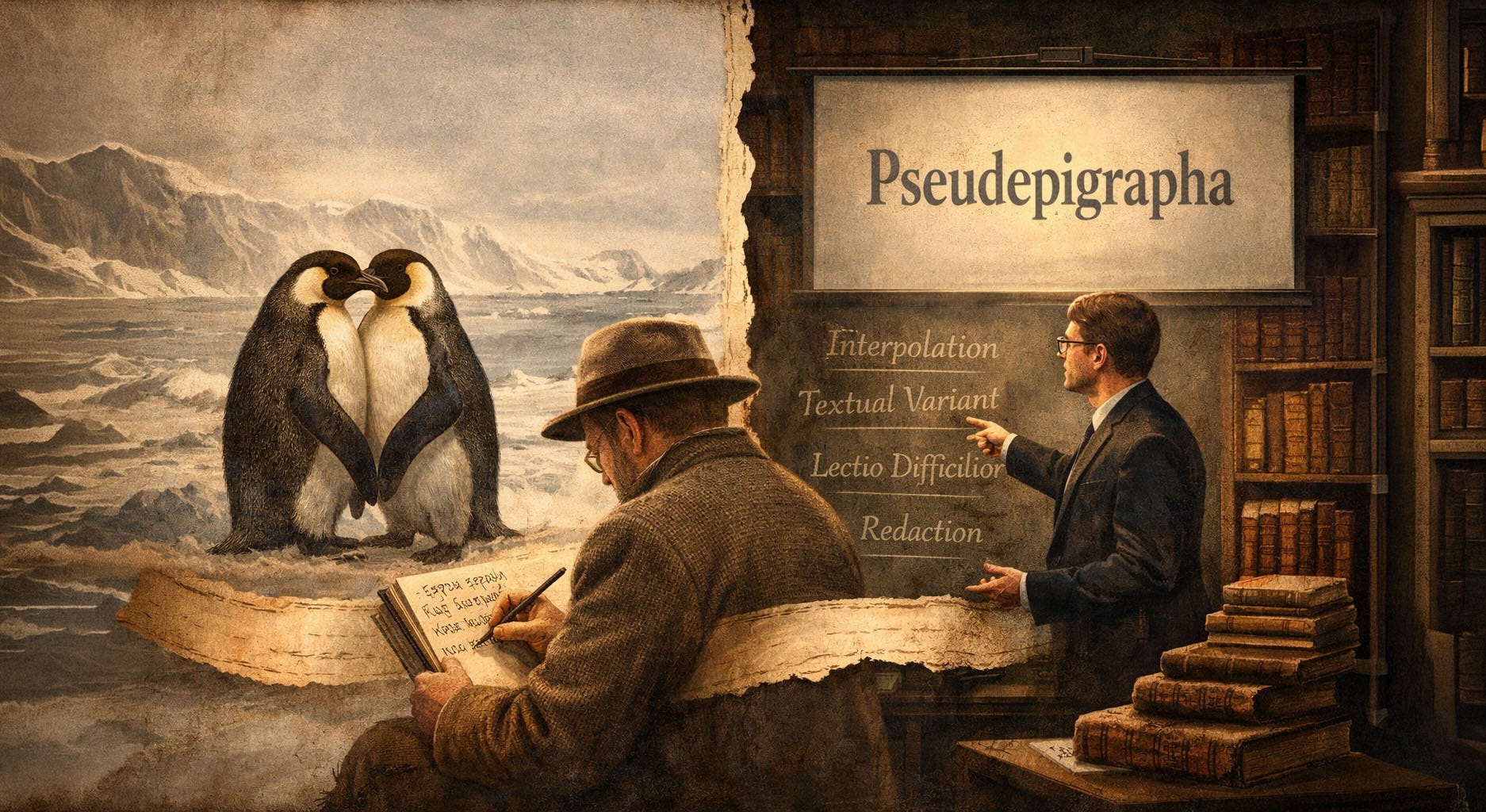 Two male penguins court on Antarctic ice while a 1900s scientist writes in Greek, ignoring them. In parallel, a modern biblical scholar hides textual truth behind jargon like "pseudepigrapha" and "interpolation." Two male penguins court on Antarctic ice while a 1900s scientist writes in Greek, ignoring them. In parallel, a modern biblical scholar hides textual truth behind jargon like "pseudepigrapha" and "interpolation."