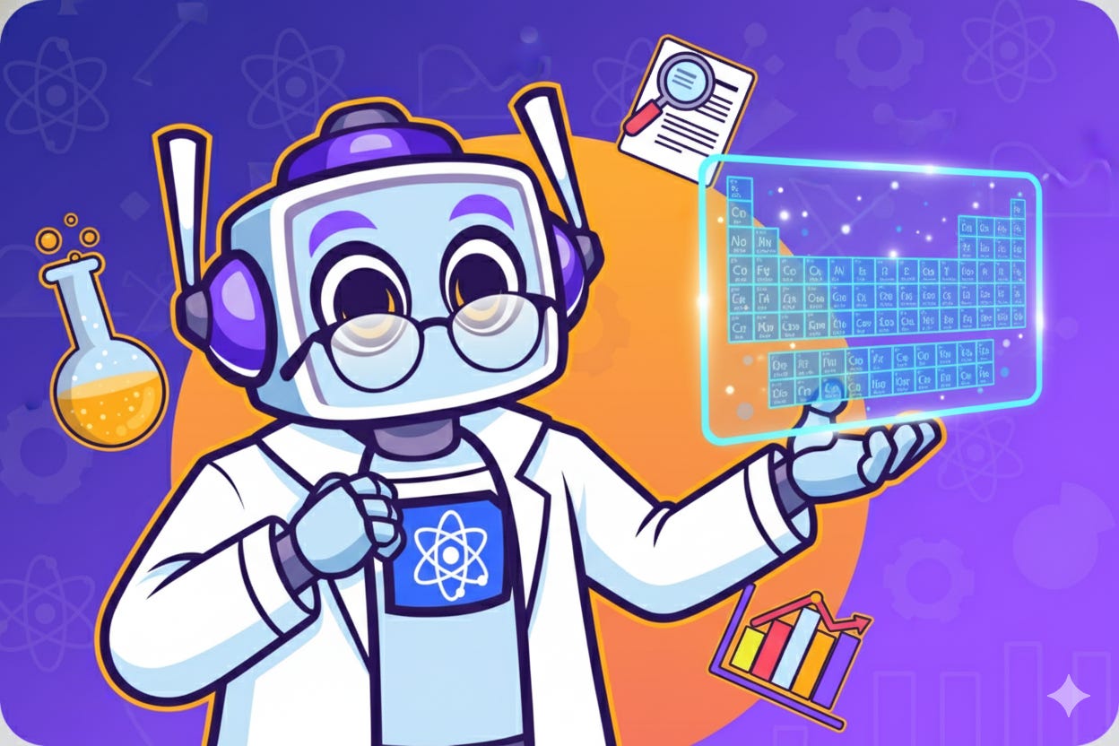 A rectangular image of the Neuralbuddy character, a light blue robot with purple accents and glasses, adjusting its white lab coat. It is pulling up a glowing, holographic periodic table with its left hand, while various science-themed elements like a flask, magnifying glass, and bar graph float in the purple and blue gradient background.