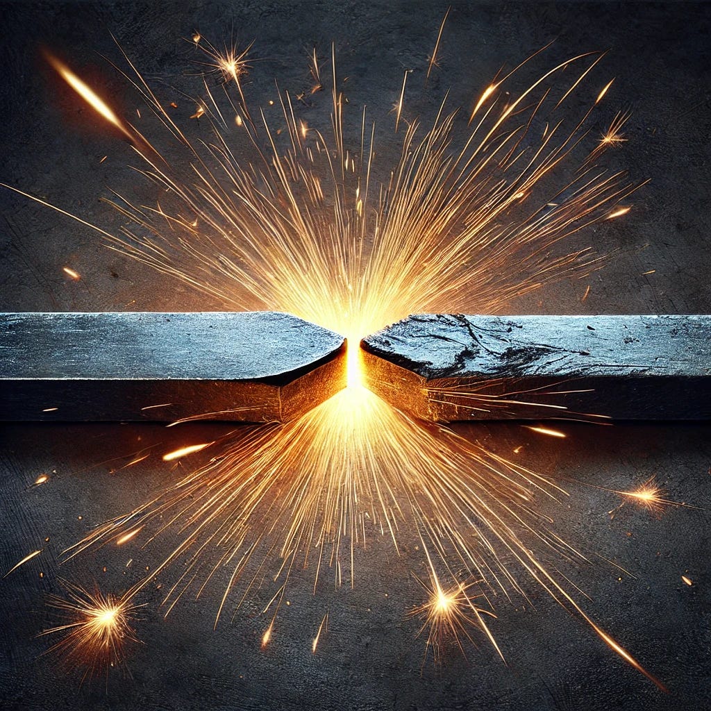 A powerful and symbolic illustration of the phrase "iron sharpens iron," showing two distinct pieces of iron, such as two strong blades or metal bars, striking each other at an angle with bright, dynamic sparks flying between them. The background is dark and textured, highlighting the energy of the sparks and the strength of each iron piece. The scene should convey a sense of mutual resilience, growth, and the sharpening effect achieved through interaction. Emphasize both pieces of iron clearly and equally in the composition to reflect the concept of mutual improvement. A powerful and symbolic illustration of the phrase "iron sharpens iron," showing two distinct pieces of iron, such as two strong blades or metal bars, striking each other at an angle with bright, dynamic sparks flying between them. The background is dark and textured, highlighting the energy of the sparks and the strength of each iron piece. The scene should convey a sense of mutual resilience, growth, and the sharpening effect achieved through interaction. Emphasize both pieces of iron clearly and equally in the composition to reflect the concept of mutual improvement.