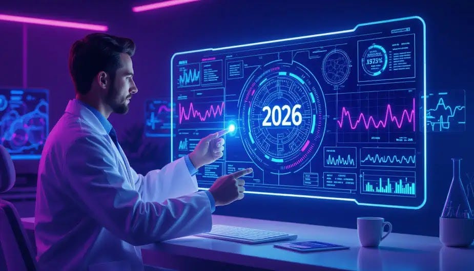 A clinician reviewing a holographic medical dashboard displaying AI‑driven diagnostics, genomic insights, and real‑time patient data, symbolizing major medical science advances in 2026.