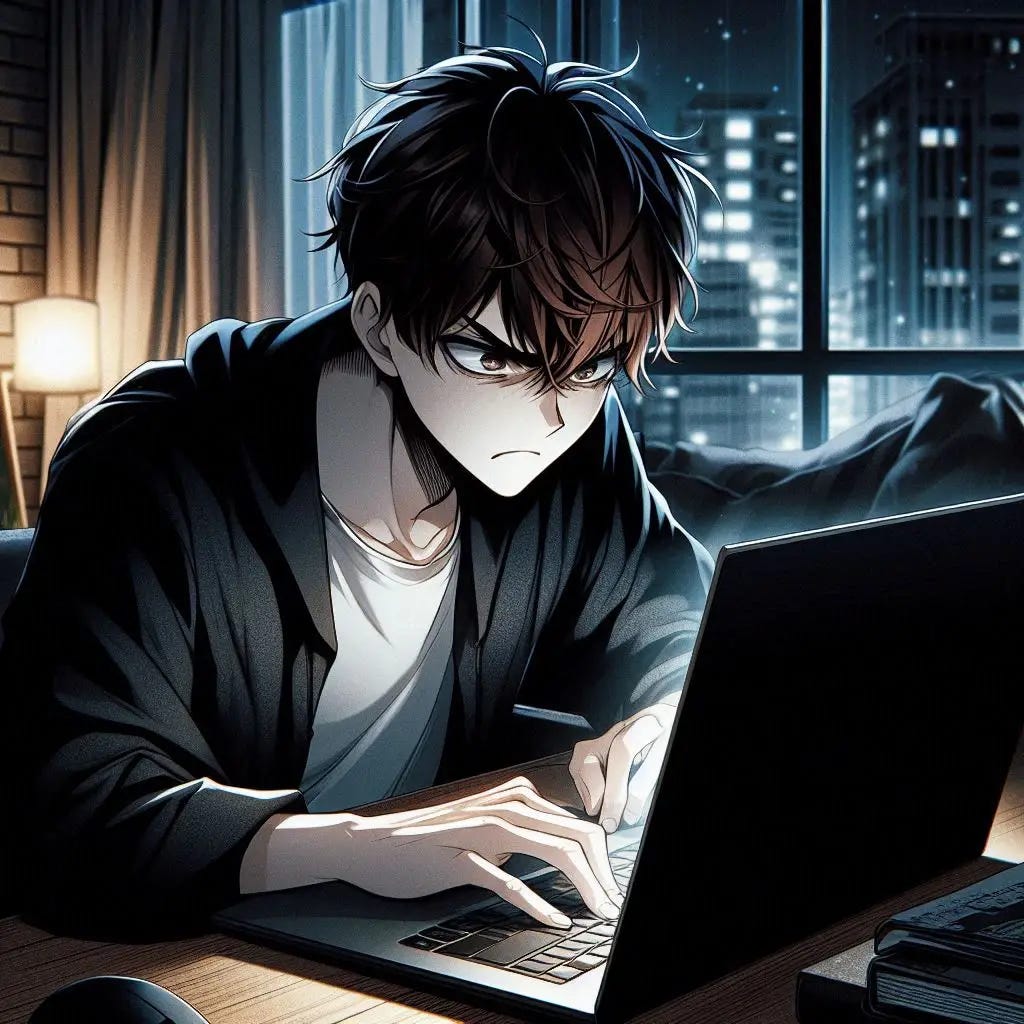 a young man with brown hair angrily gripping his laptop while sitting at his apartment desk at night. dark anime art style.