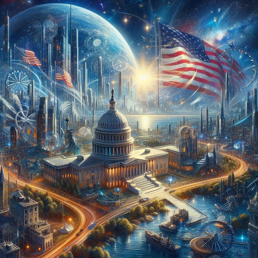 250 more years of Pax Americana in the style of a great classic American landscape artist, depicting the future of USA with American values, technology, and nature