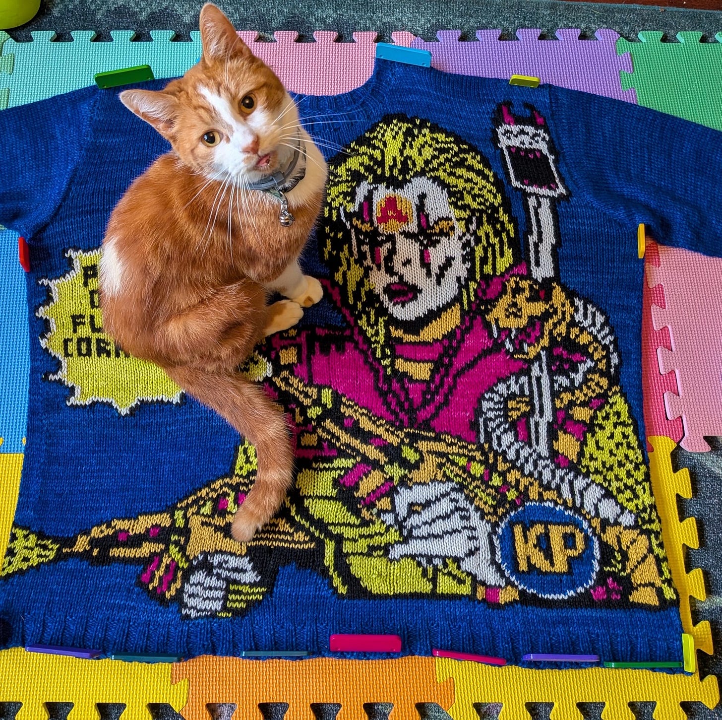 Beigli, Finbarre Snarey’s ginger-and-white cat, sits proudly on a colourful 1980s crisp-packet knitting project, a playful behind-the-scenes moment from the Tarot DMs interview with Sunday Times bestselling author Lucy Rose about The Lamb, creativity, and her cat Figgy.