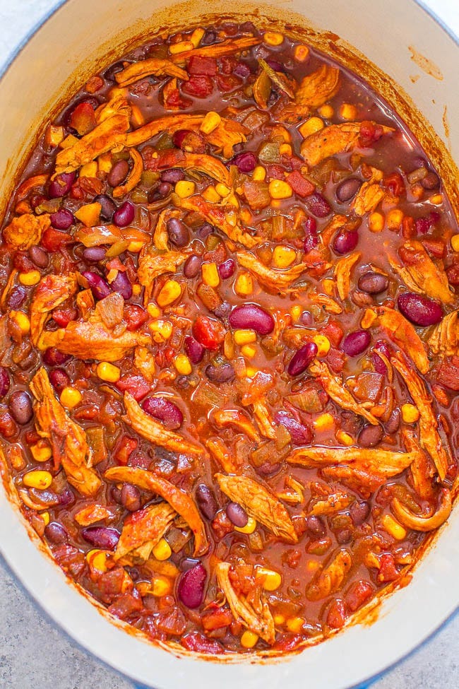 A pot of easy 30-minute chicken enchilada soup. A pot of easy 30-minute chicken enchilada soup.