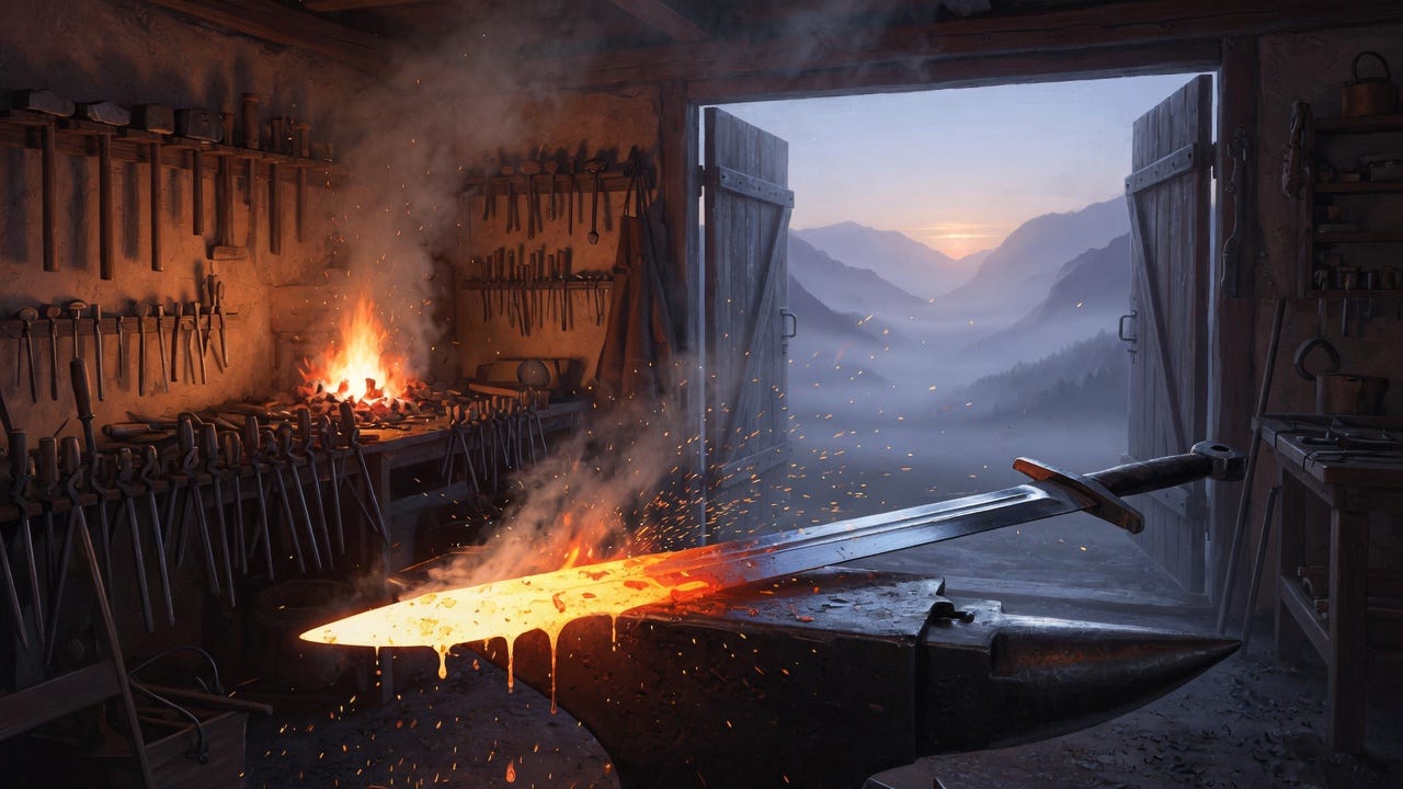 A blacksmith forge at dawn, a half-molten half-finished blade on the anvil, sparks frozen mid-air, misty mountain valley visible through open wooden doors