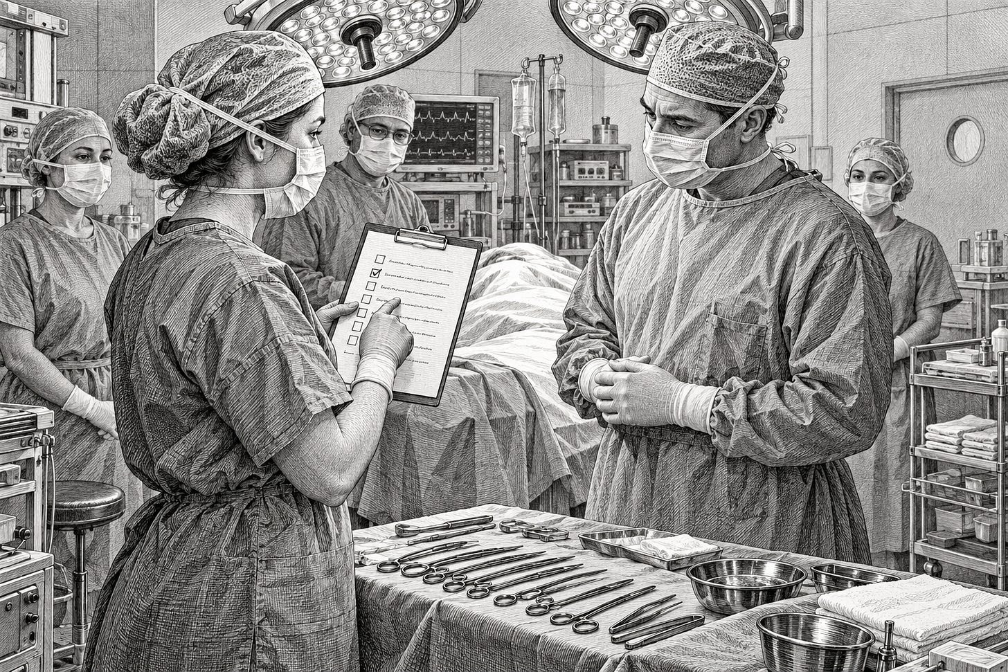 A surgical team reviews a checklist before an operation, rendered in black-and-white engraving