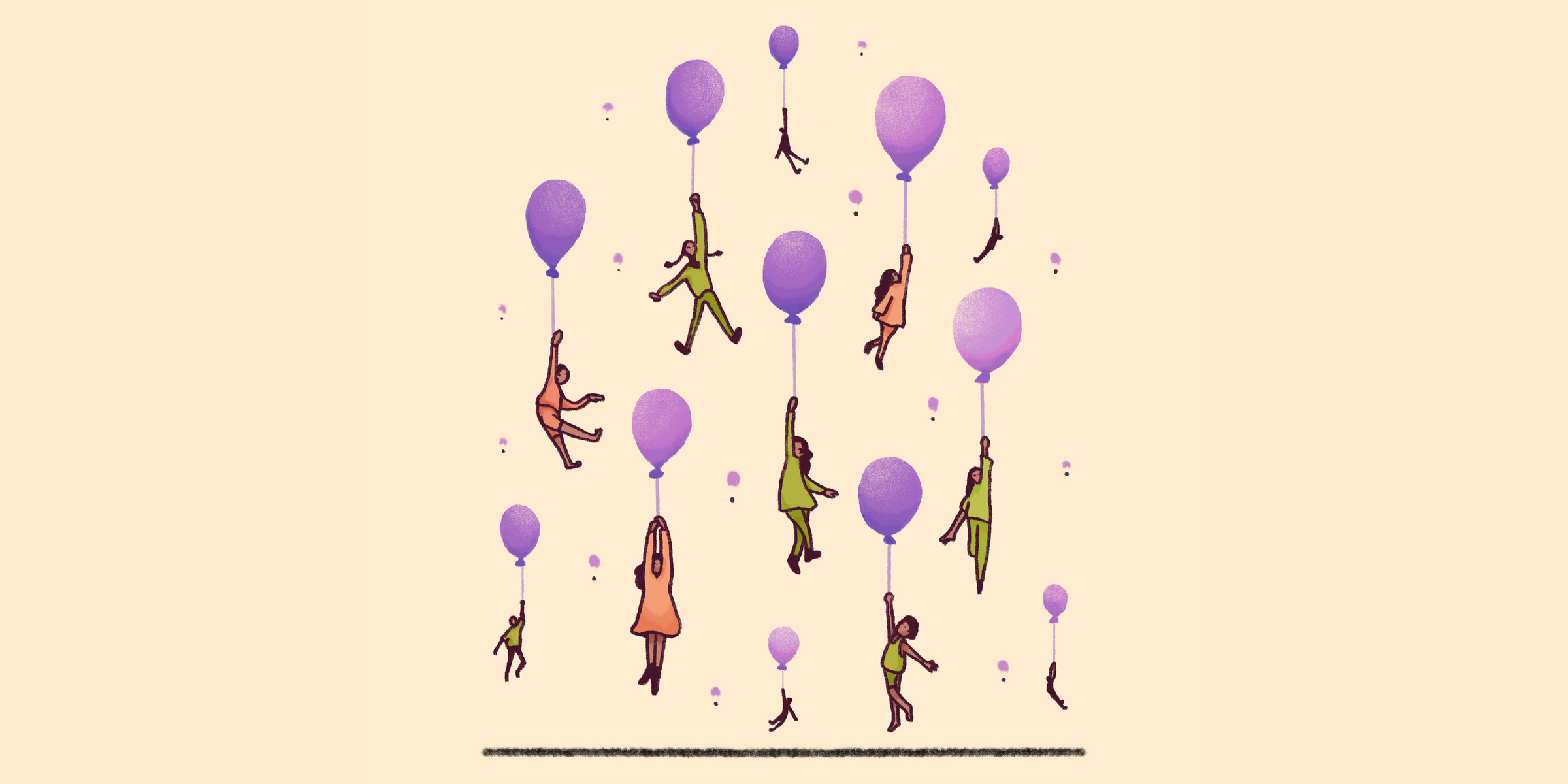 Art showcasing children floating in the air by holding on to large helium balloons