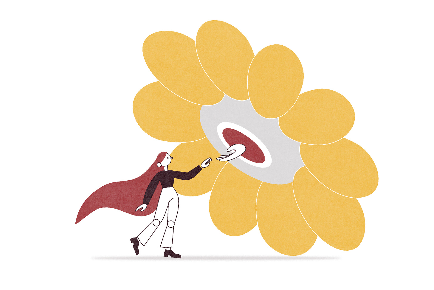 An illustration of a huge yellow flower with a hand reaching through the center. A woman with long flowing red hair reaches out to take it.