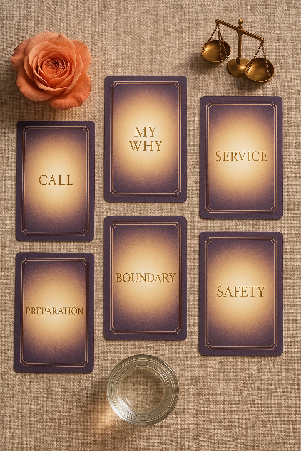 Six-card “Deity Vetting” layout: 1 The Call (top), 2 Preparation (upper left), 3 My Why (upper right), 4 Boundary (lower left), 5 Path of Service (lower right), 6 Safety Signal (bottom).