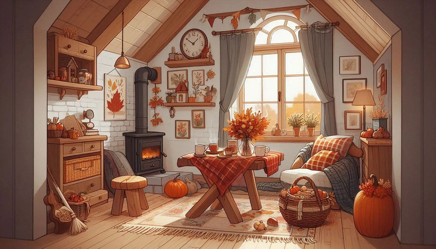 cozy New England fall cottagecore autumn vibes, interior, cartoon style, warm colors