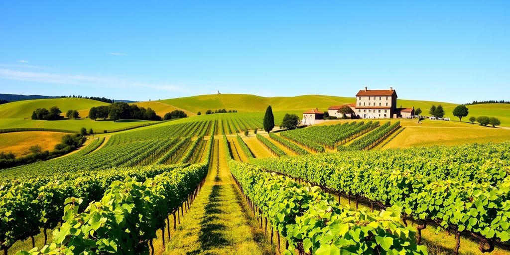 Tuscany vineyard with grapevines and rustic farmhouse