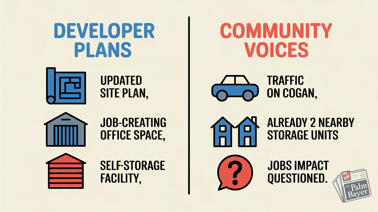 Infographic comparing developer plans for Cogan Plaza Self-Storage with community concerns. Infographic comparing developer plans for Cogan Plaza Self-Storage with community concerns.