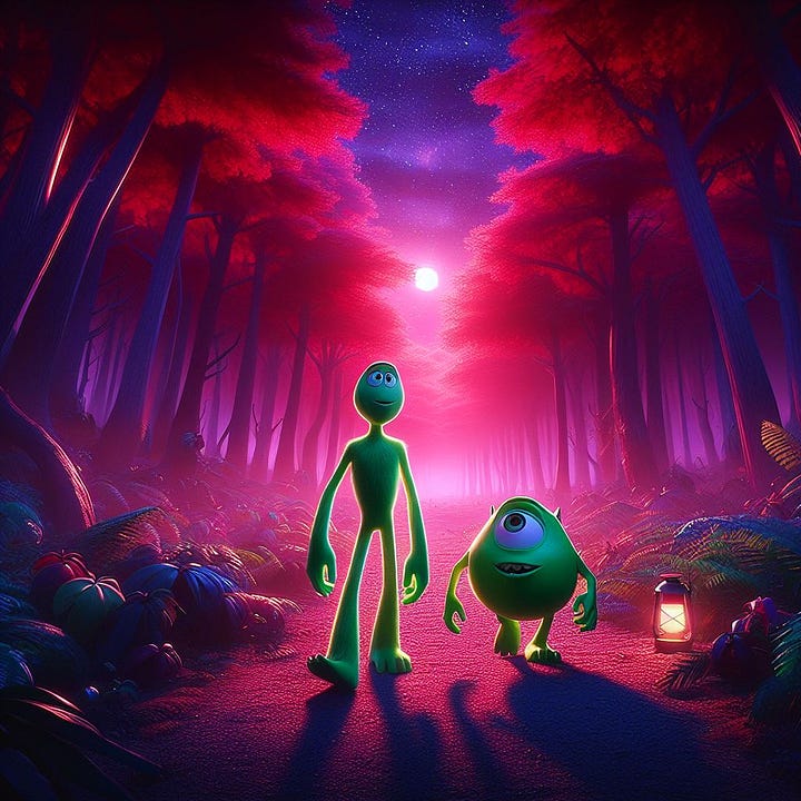 Create an image of two green men walking through enchanted forest at night in the style of pixar movies with red and purple color scheme