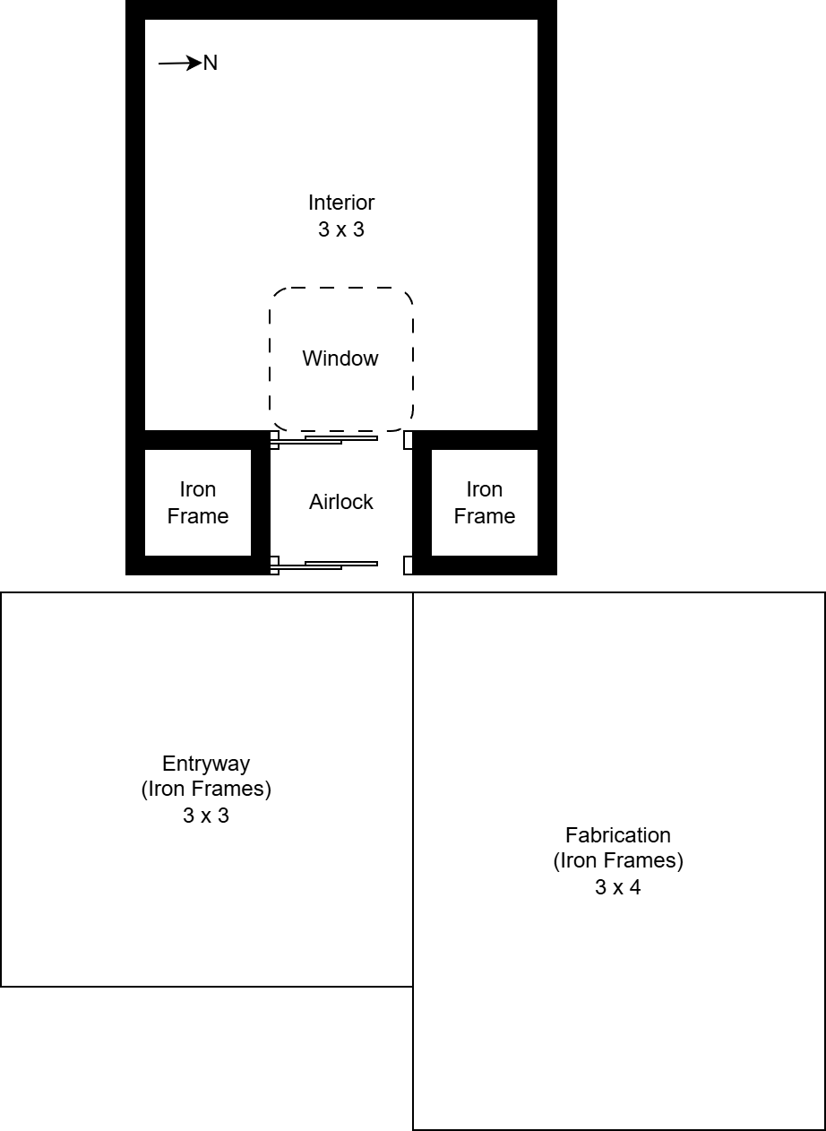 Interior floorplan diagram showing wall layout, airlock entry, and ceiling window placement to improve light access and aid initial ice melting for pressurization.