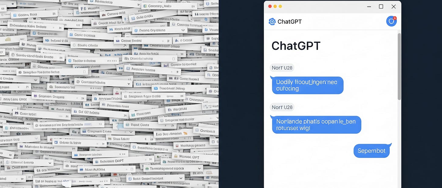 Forty-seven cluttered chats contrasted with one focused AI chat.
