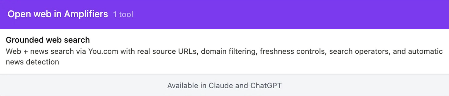 Card showing the grounded web search tool available in Amplifiers with real source URLs, domain filtering, and freshness controls.