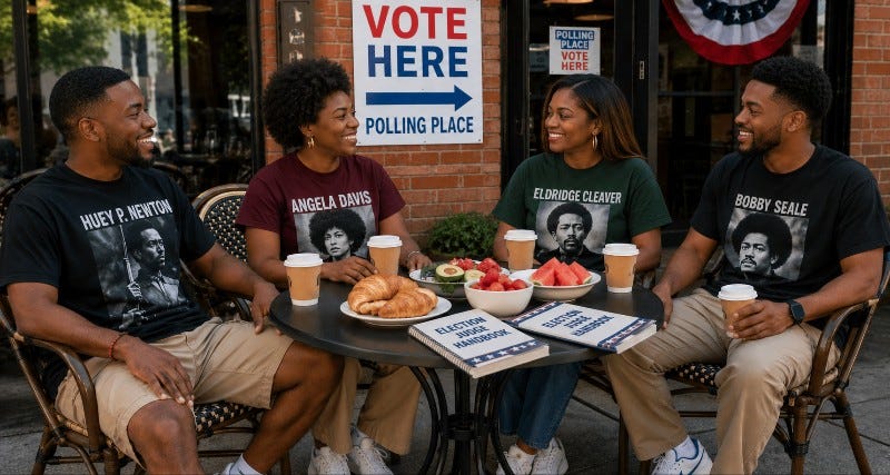 Black group of people enjoying brunch next to a ballot location with Election Judge handbooks on the table. Croissants, strawberries and watermelon are on the table. They're wearing Black Panther Party legend shirts.