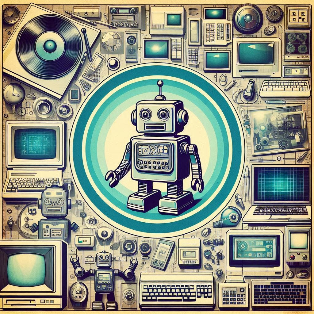 a collage of computers and technology with a friendly robot in the middle, retro