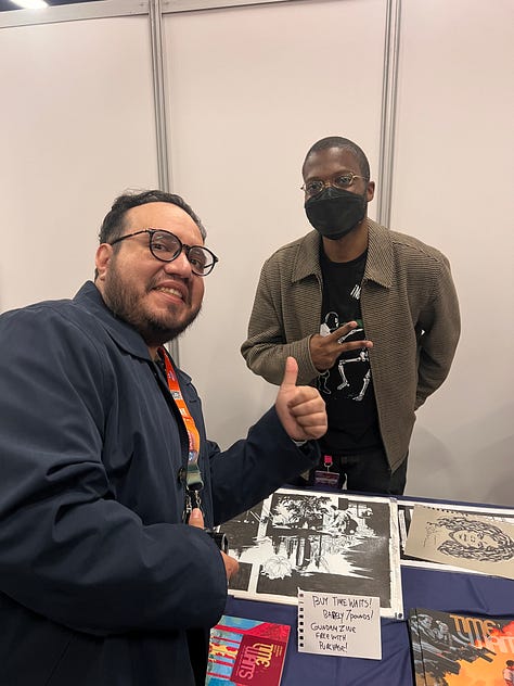 An assortment of photos of Henry taking photos with his friends at Thought Bubble.