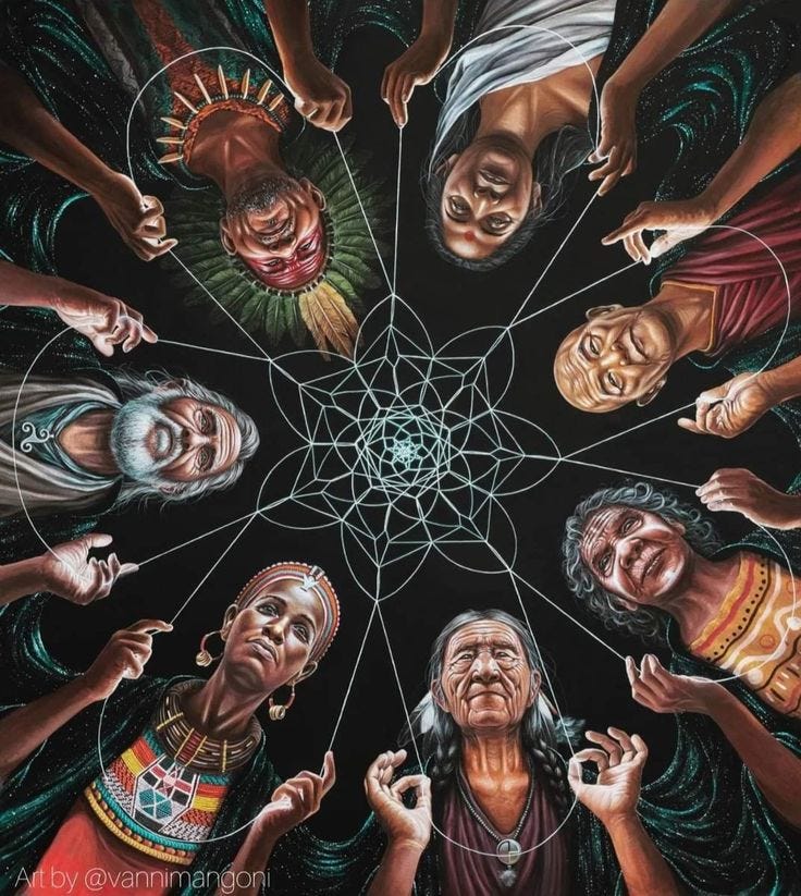 This may contain: a group of people standing in a circle with their hands together