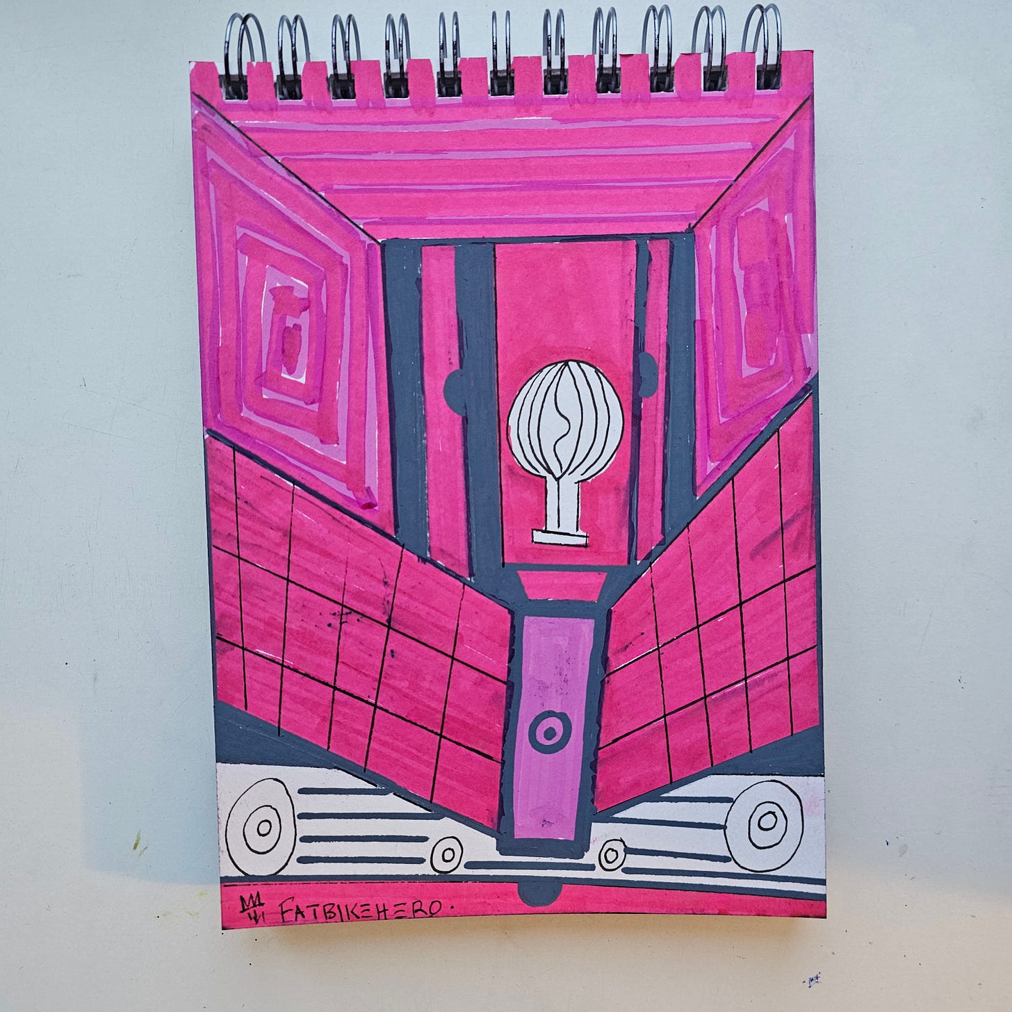 Alt Text: A vertical marker drawing by FatbikeHero characterized by geometric perspective and a pink and purple color scheme. A central, stylized white organic shape sits atop a purple pillar, flanked by receding pink walls. At the bottom, stylized wheels suggest an abstract vehicle.