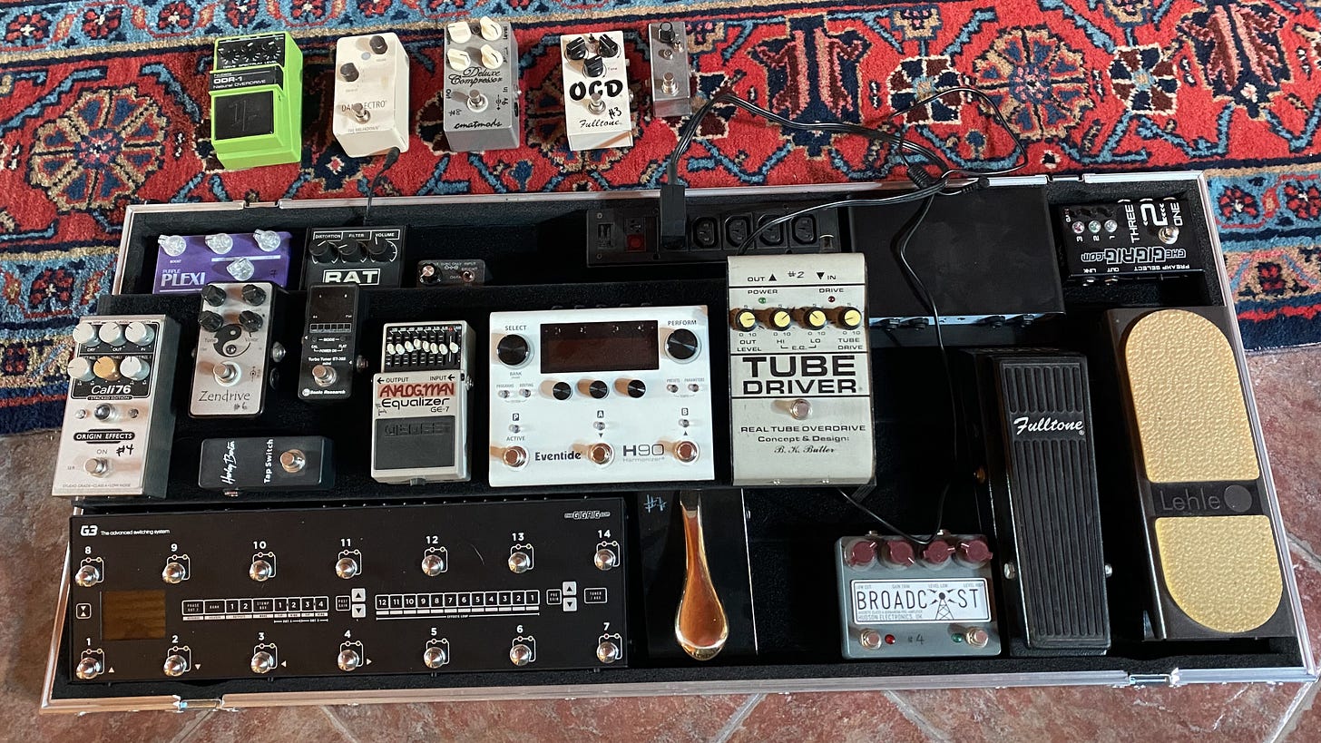 Simon's new pedalboard during assembly and programming