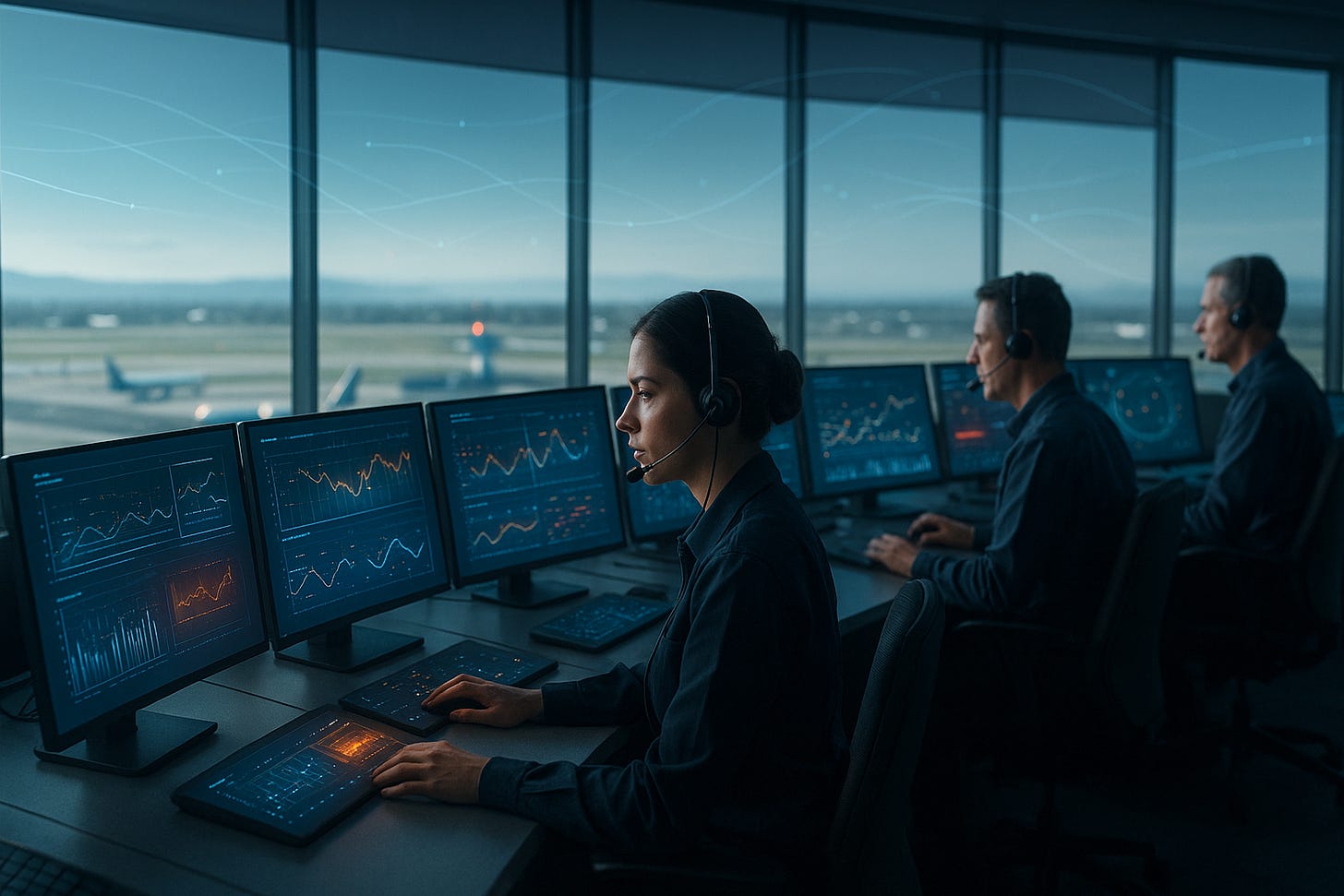 Airport control room operators monitoring real-time data analytics on multiple displays Airport control room operators monitoring real-time data analytics on multiple displays