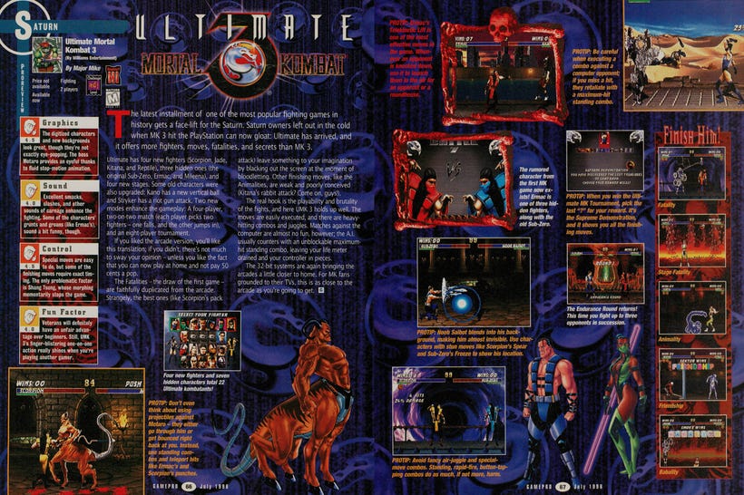A magazine layout for a review of Ultimate Mortal Kombat 3 in a 1996 issue of GamePro. It's gaudy and purple. A magazine layout for a review of Ultimate Mortal Kombat 3 in a 1996 issue of GamePro. It's gaudy and purple.
