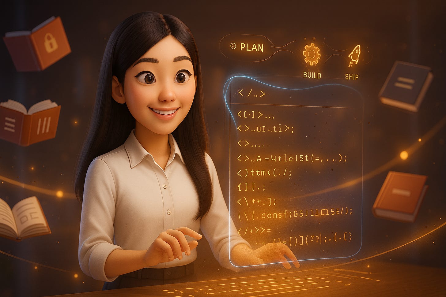 Young woman builds a system with floating coding principles and a holographic launch blueprint. The scene evokes focused creativity and structured magic, visually framing the journey from build to launch with AI's assistance. by buildtolaunch.ai