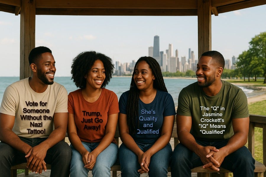 Four Black people wearing political shirts in support of Jasmine Crockett and opposing Graham Platner