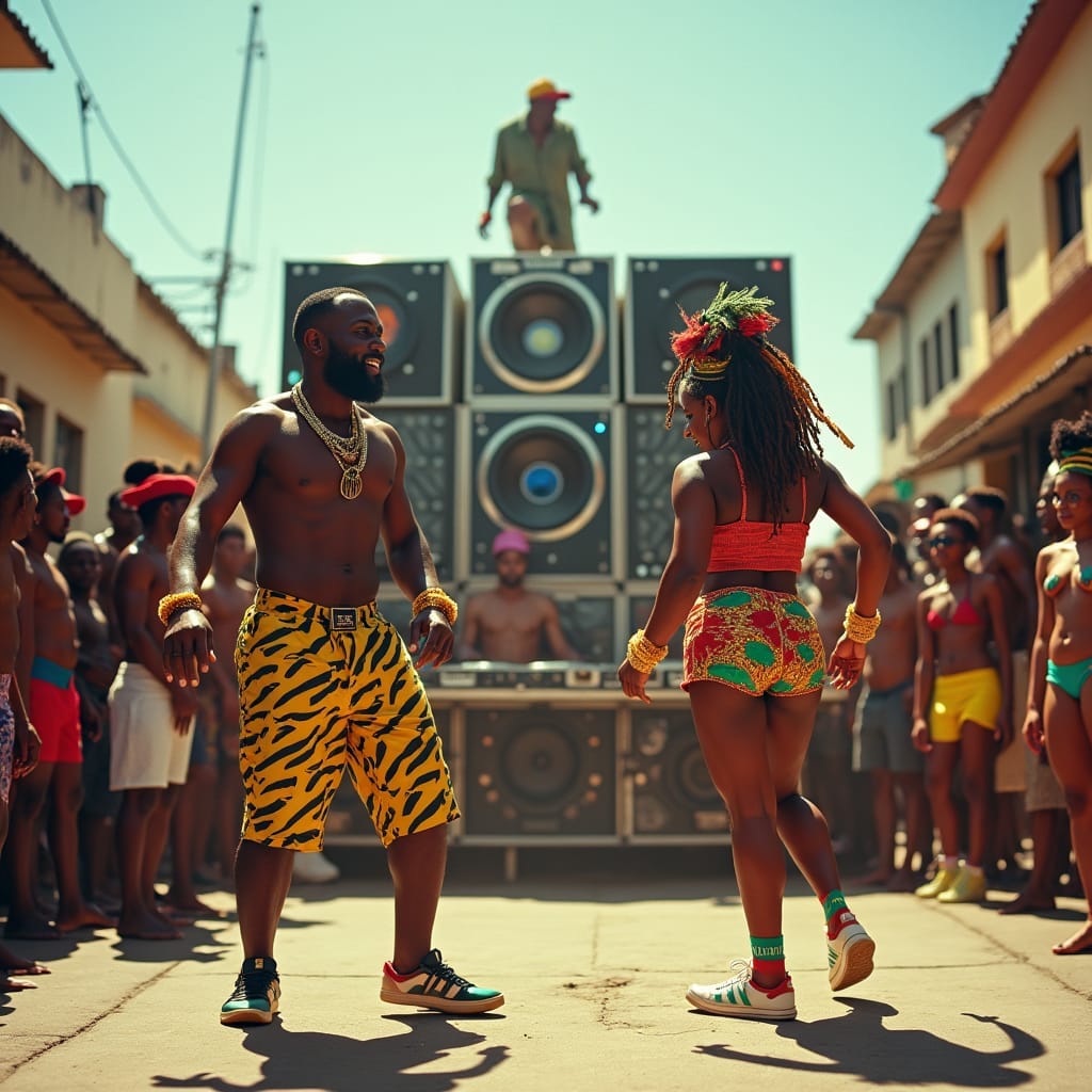 1990s Jamaican street scene with Yardie vibes: a lively crowd dances to reggae, a man in the center and a woman in short ‘batty rider’ shorts wining on the ground. A powerful sound system with four speaker stacks blasts dub beats, while a DJ crew spins vinyl at the turntables. The energy is electric, capturing the essence of a Jamaican dancehall block party.