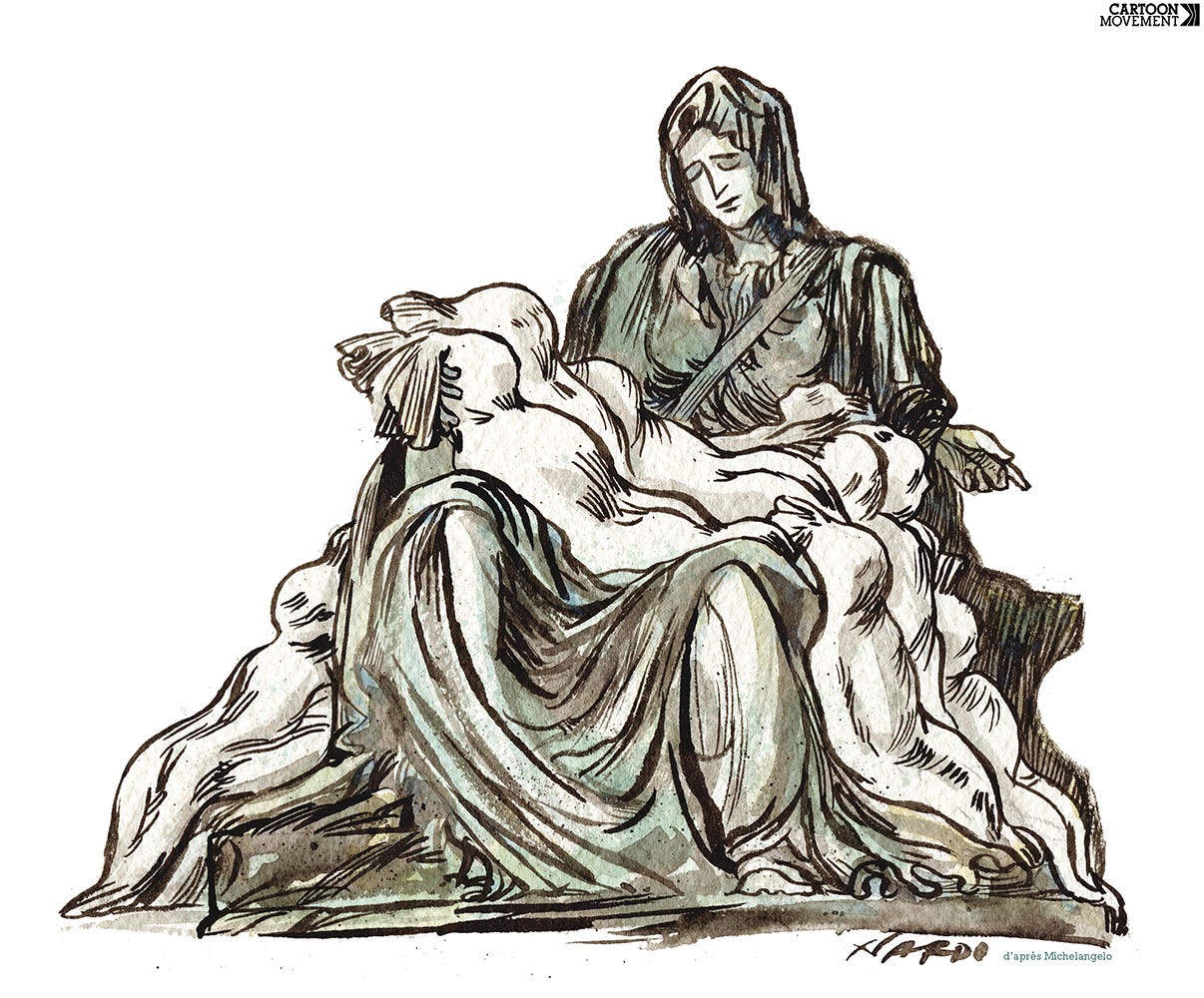Cartoon of a Pietà that shows Maria not cradling the body of Jesus, but instead a number of bodies in white body bags.