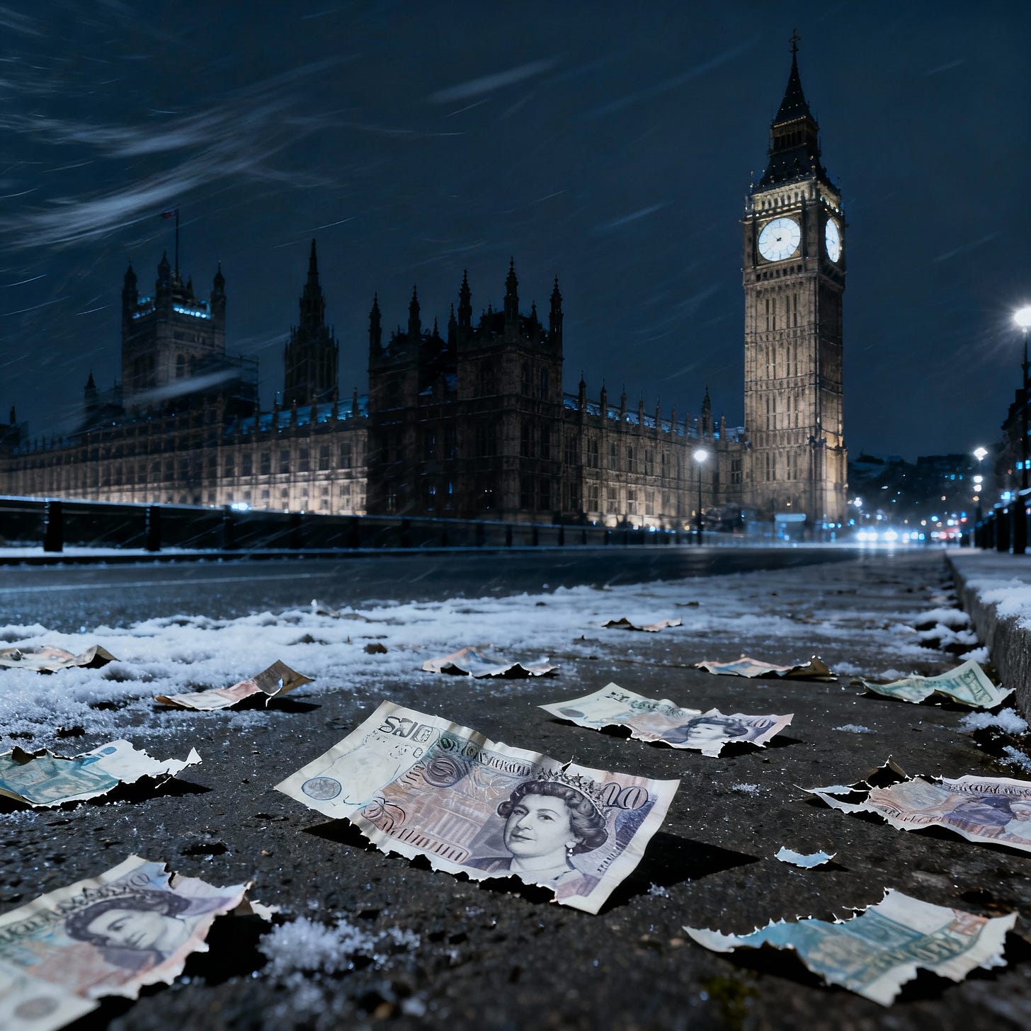 Empty, dark Westminster with torn pound notes, ominous budget mood