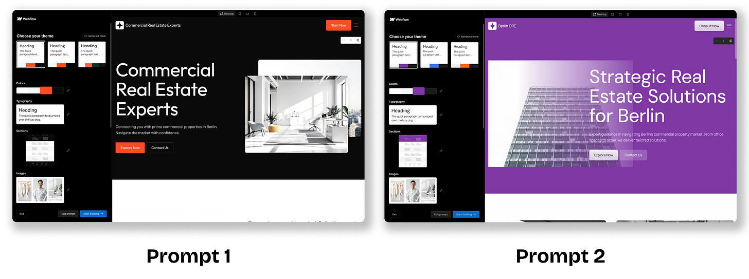 Examples of designs generated using Webflow’s AI Site Builder