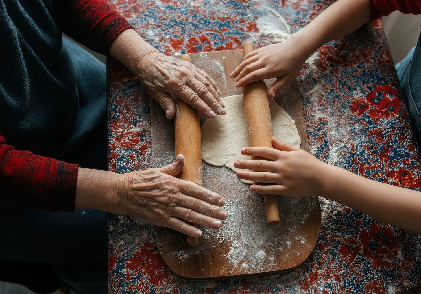 Young and old hands baking