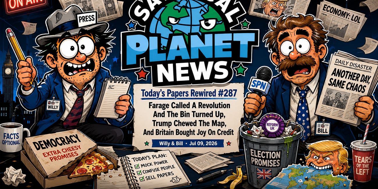 Today’s Papers Rewired #287: Farage Called A Revolution And The Bin Turned Up, Trump Chewed The Map, And Britain Bought Joy On Credit
