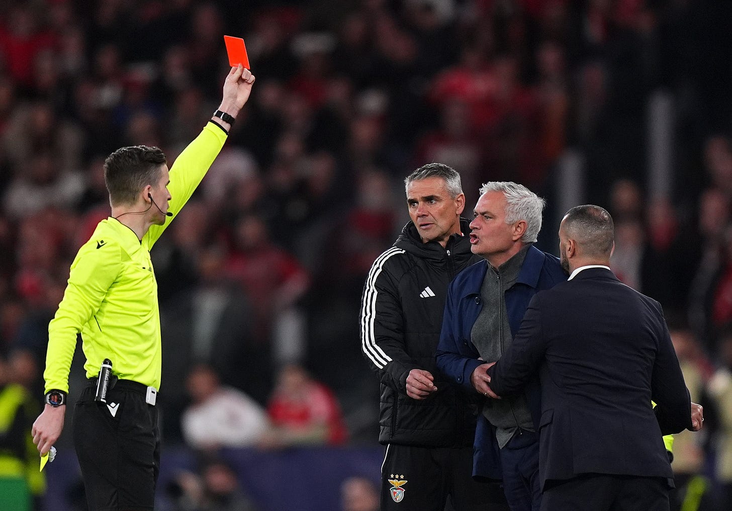 Jose Mourinho was shown a red card after the match was resumed