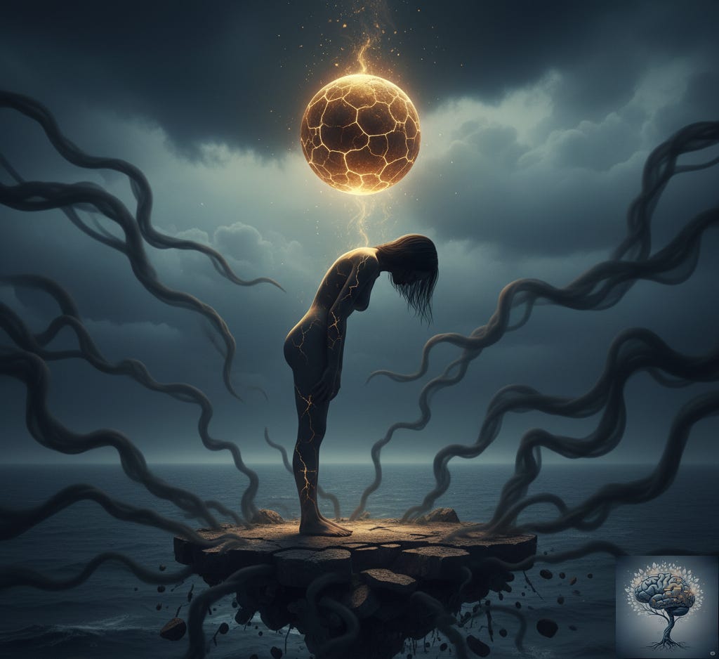 Silhouette of a woman on broken ground, energy draining from a cracked orb above, surrounded by dark tendrils, symbolizing OMES.