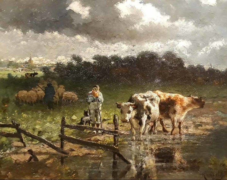 'Koeien bij een plas' - olieverf op board: Willem Hamel (Herkomst: coll. Galerie Nieuw Schoten, Haarlem) 'Koeien bij een plas' - olieverf op board: Willem Hamel (Herkomst: coll. Galerie Nieuw Schoten, Haarlem)