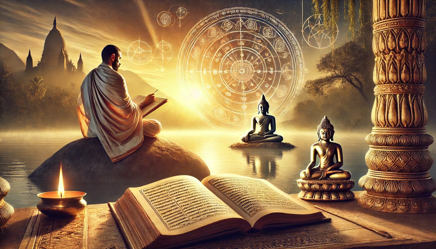 A tranquil Indian riverside setting at sunrise, where a sage-like figure in traditional robes studies a celestial chart representing Vedic wisdom for atheists. An open Vedic manuscript rests on an ancient table, glowing under the golden light, symbolizing self-discovery through Vedic texts. A serene Buddha statue sits on a small island in the river, while sacred geometry patterns blend into the sky, representing astrology and spiritual guidance without religion. The composition reflects the harmony between ancient wisdom and modern contemplation, highlighting the relevance of practical Vedic principles in daily life. The image is part of an article titled Vedic Wisdom for Atheists: Ancient Teachings for a Fulfilling Life authored by Anish Prasad and published at astrojagriti.substack.com.