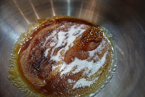 Watching the sugar melt before stirring in cream, butter, tahini, rose water, and a sprinkle of flaky sea salt.