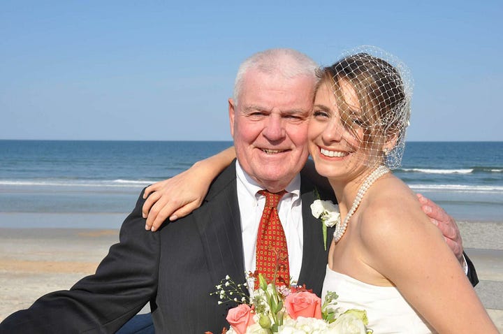 Susan Derry with her father in a rehearsal room. Susan Derry with her father on her wedding day.