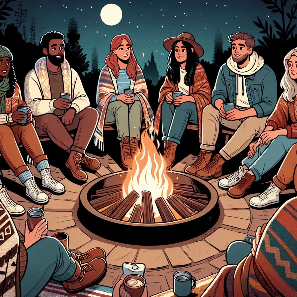 Thumbnail Image a firepit setting with five people in a circle around the firepit listening to the storyteller, including cozy blankets and drinks, with different expressions on their faces